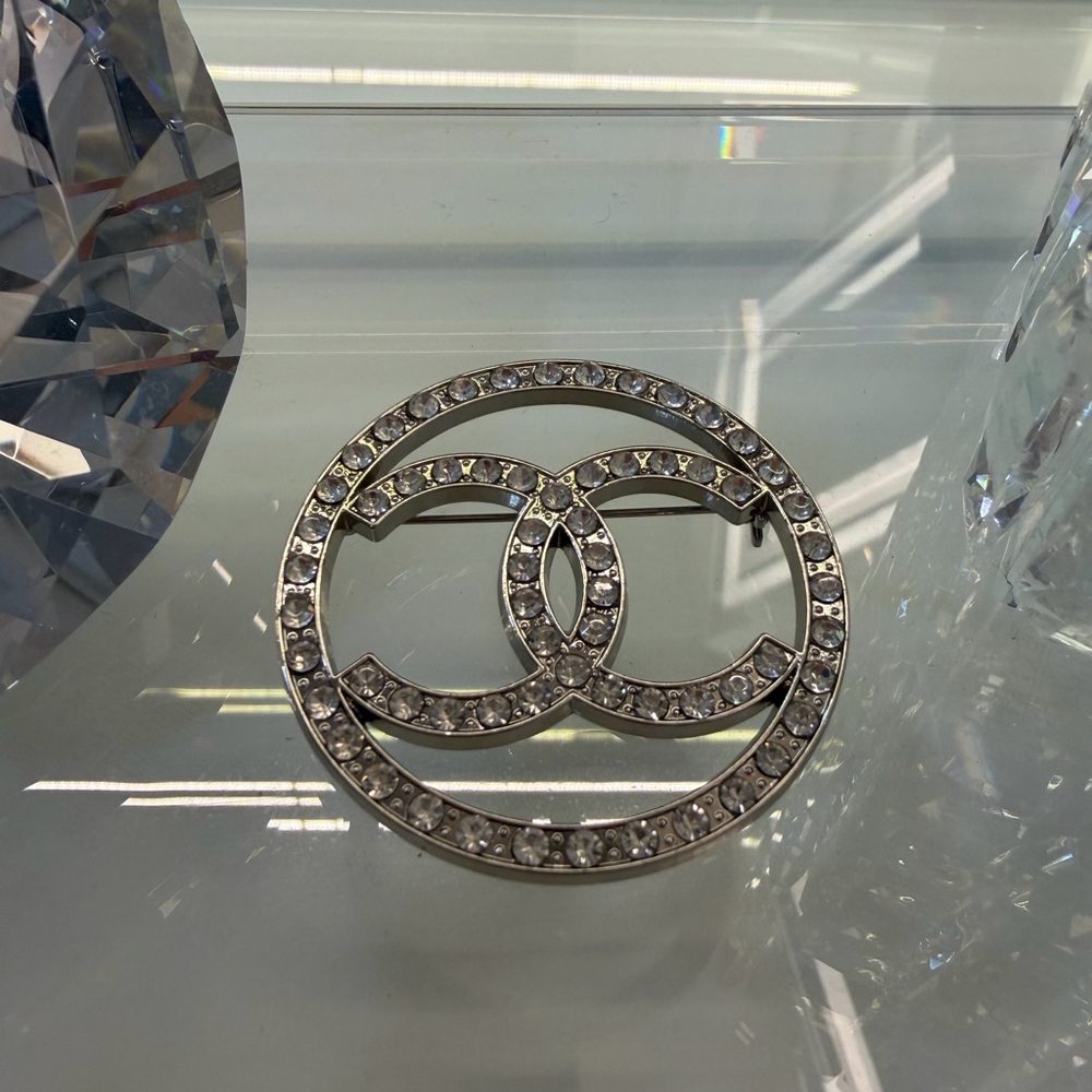 Elegant Silver CC Crystal Brooch